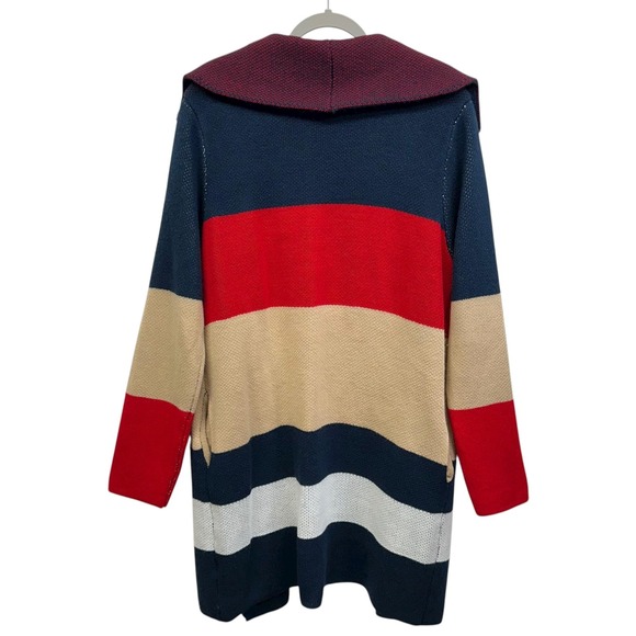 Lapis Sweater Womens Extra Large Navy Red Hooded Open Front Cardigan Striped - Picture 2 of 7